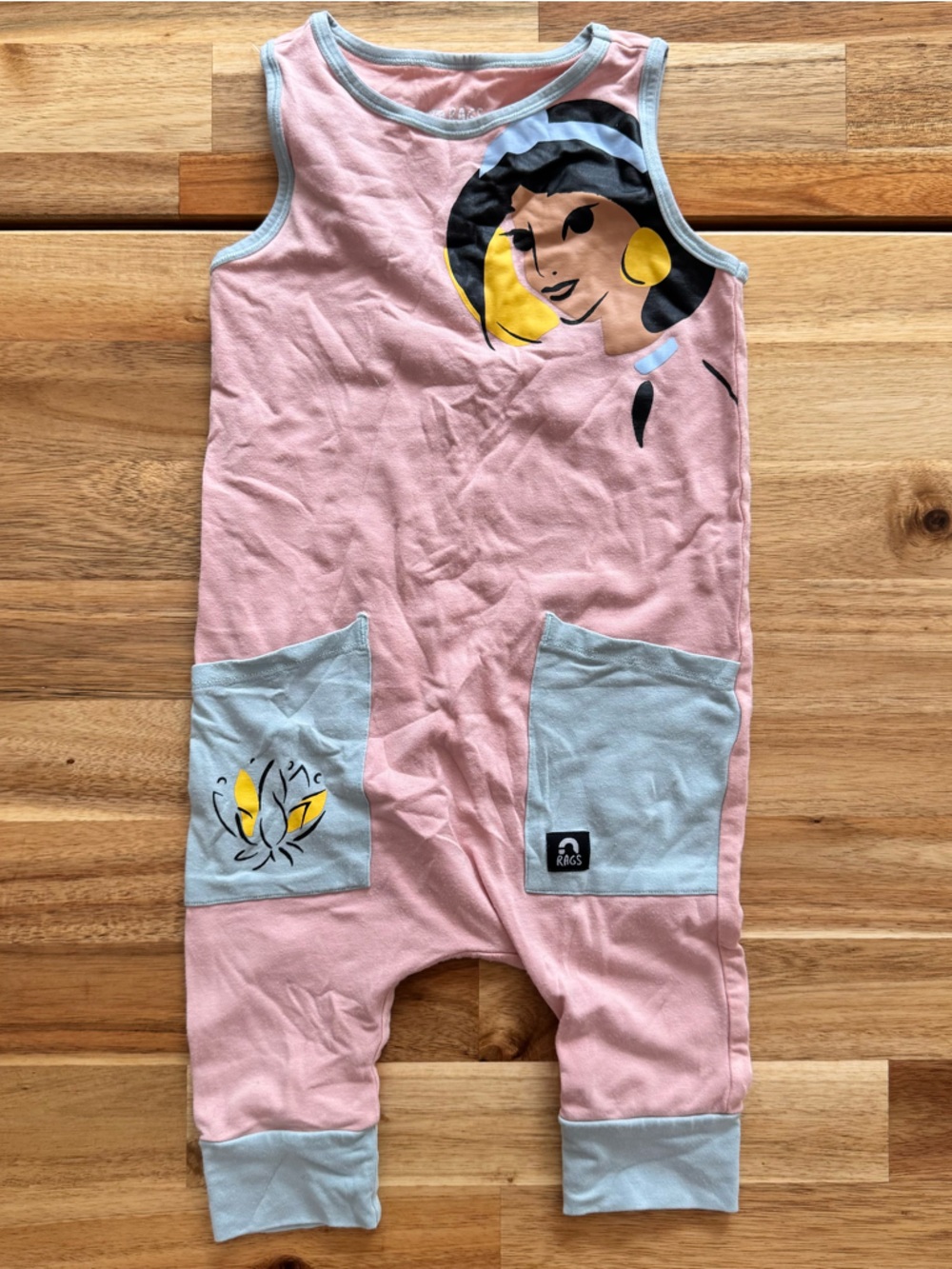RAGS- Disney’s Jasmine Pink Toddler Romper with Blue Pockets